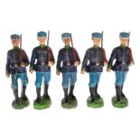 5 Elastolin serbische Soldaten, 1. WK, Masse, HL, LS und Alterungsspuren, H 10, Z 3