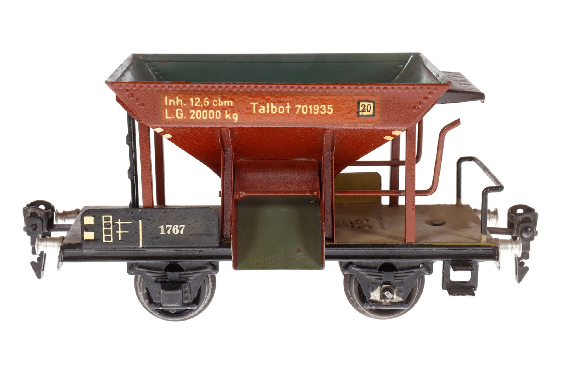 Märklin Schotterwagen 1767, Spur 0, HL, 1 Achslagerblende fehlt, LS und gealterter Lack, L 16,5,