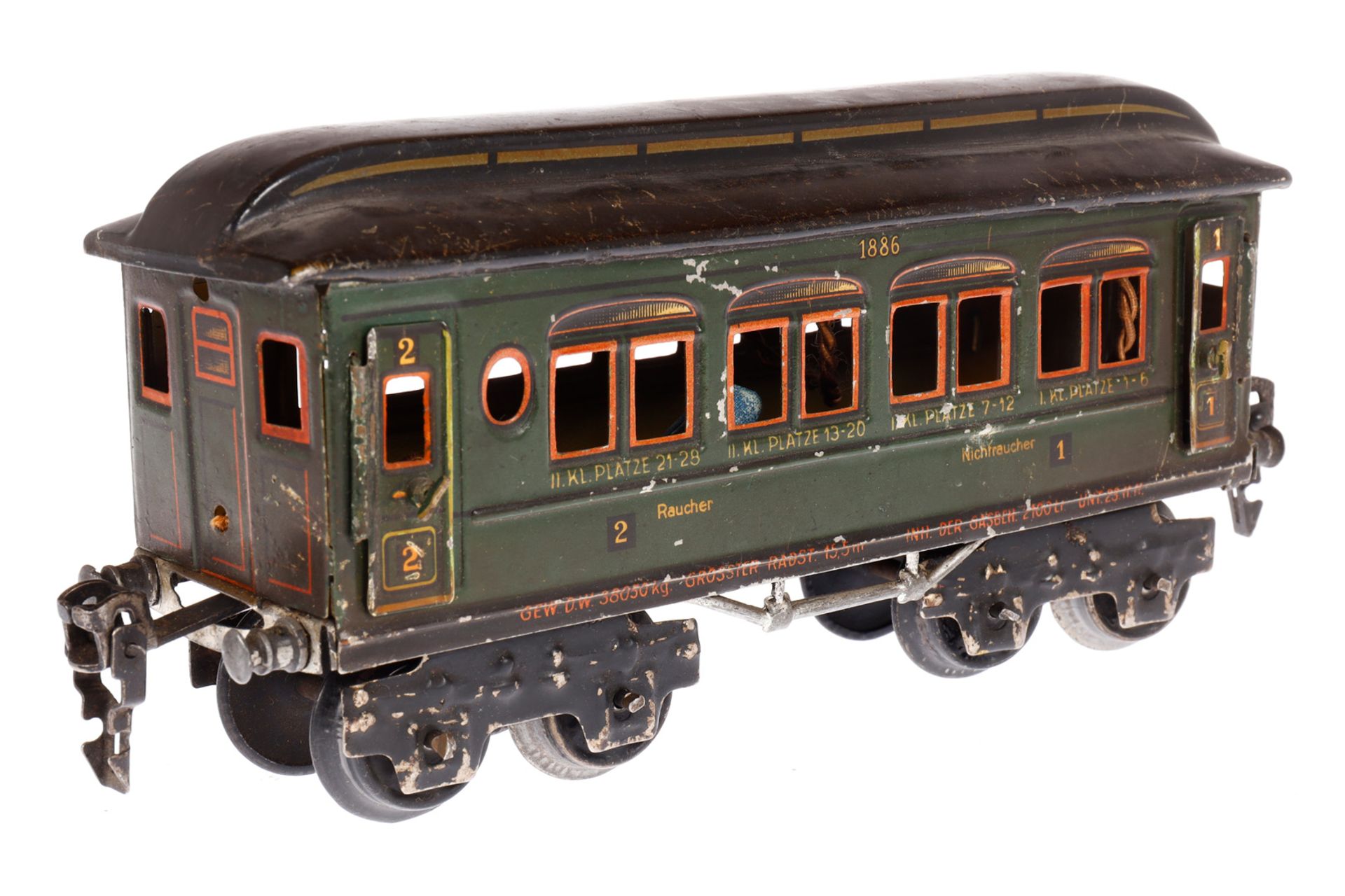 Märklin Personenwagen 1886, Spur 0, CL, mit 4 AT, LS und gealterter Lack, L 20, Z 3 - Image 3 of 4