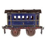 Märklin Personenwagen 1805, Spur 1, uralt, blau, Dach ersetzt, tw besch. und NV, L 15, Z 4