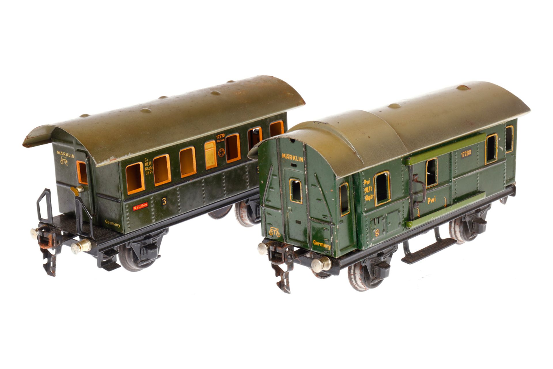 2 Märklin Wagen 1727 und 1728, Spur 0, CL, LS und gealterter Lack, L 18,5, Z 3