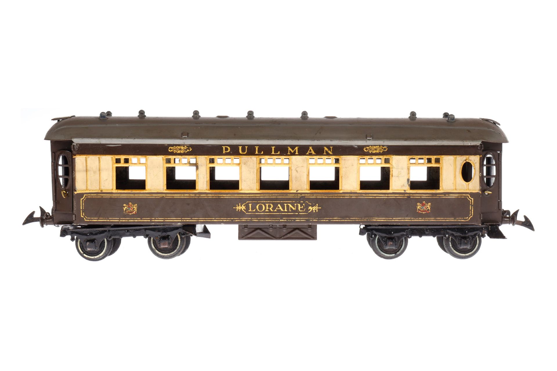 Hornby Pullmanwagen ”Loraine”, Spur 0, creme/braun, mit 4 AT, ohne Scheiben, 1 Dachlüfter fehlt,