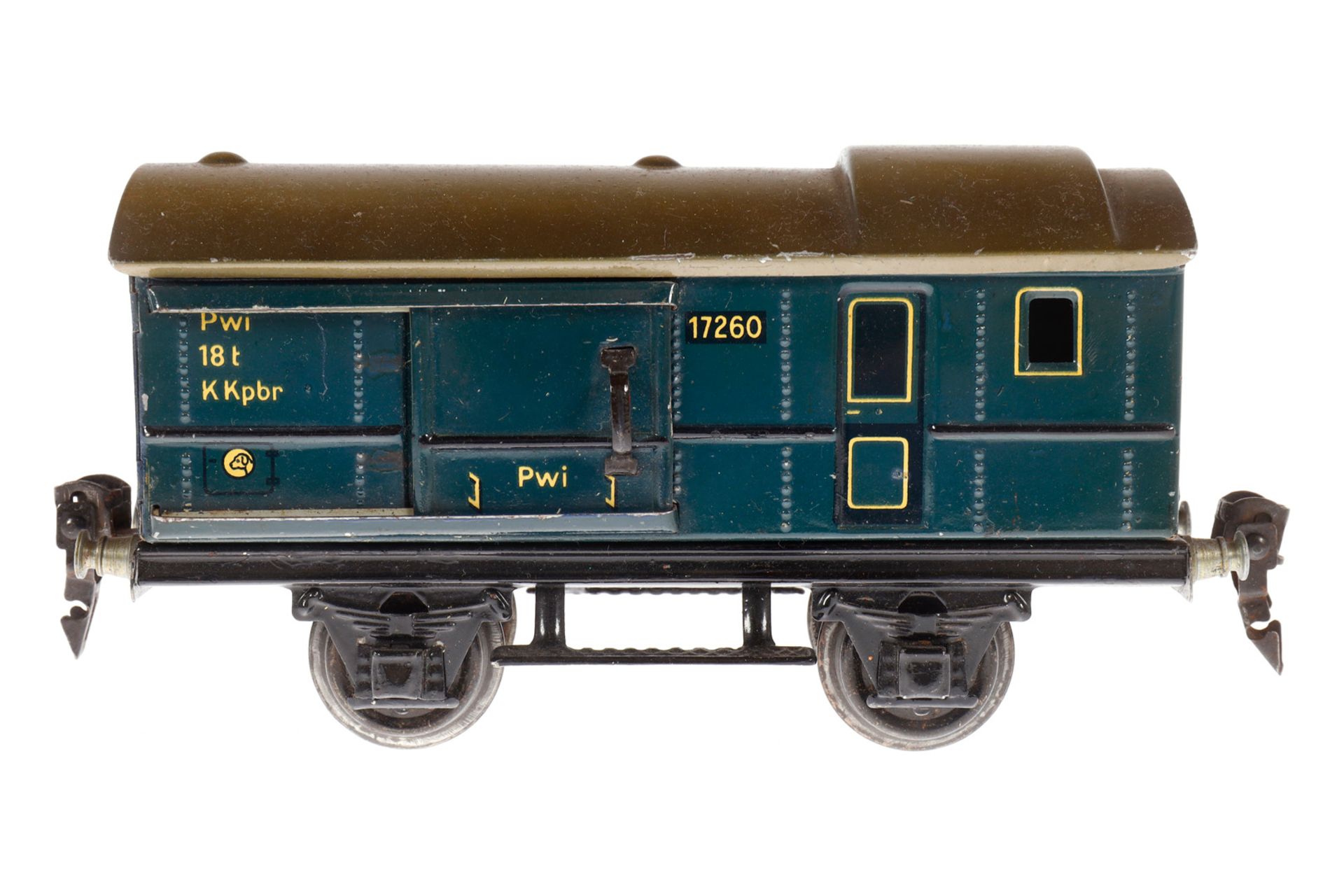 Märklin Gepäckwagen 1726, Spur 0, blau, mit 2 ST, LS tw ausgeb., gealterter Lack, L 16,5, Z 3