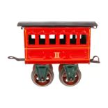 Märklin Personenwagen 1805, Spur 1, uralt, rot, mit trapezförmigen Achslagern, Gussrädern und