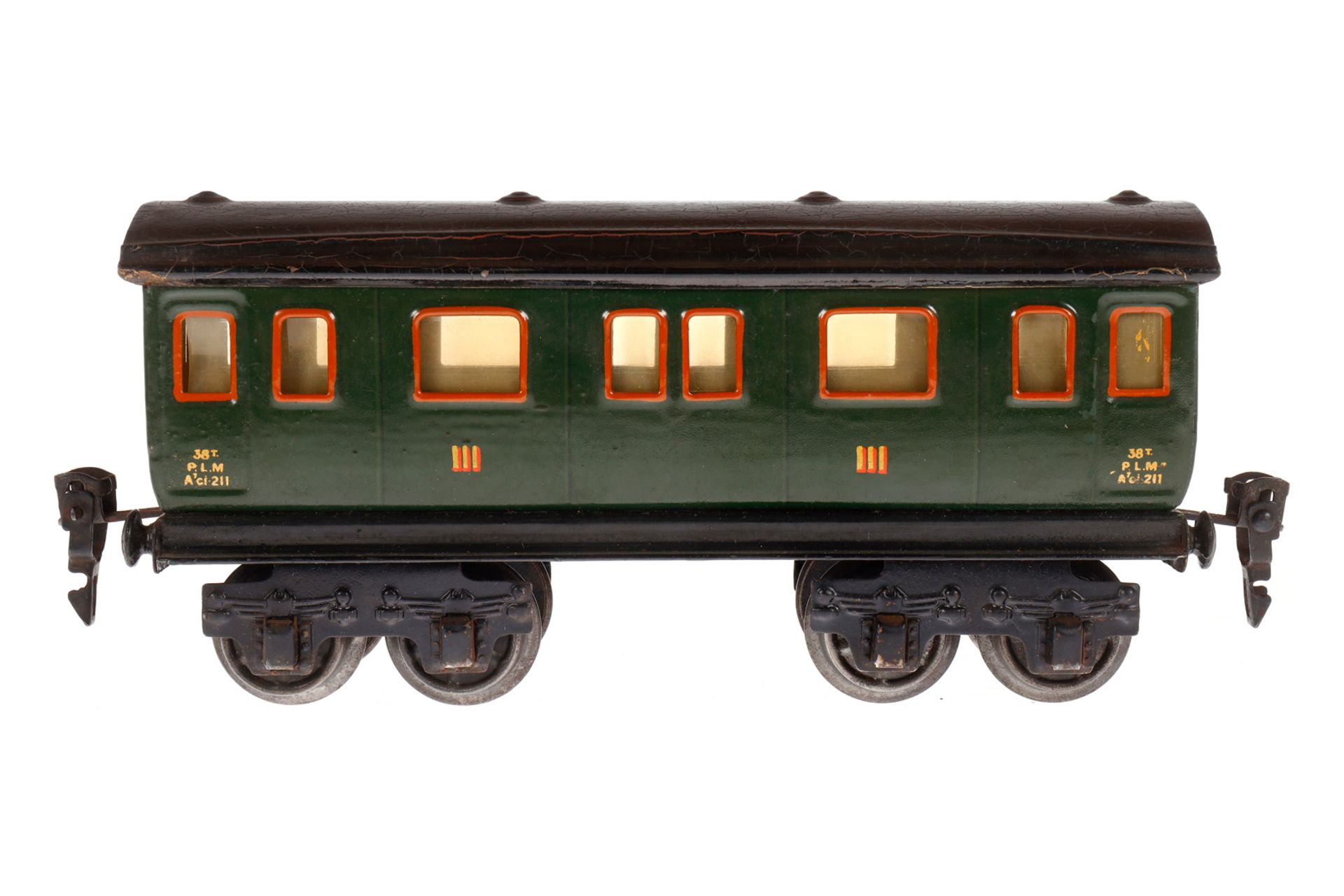 Märklin franz. Personenwagen 2873 PLM, Spur 0, grün, 3. Klasse, LS und gealterter Lack, L 19,