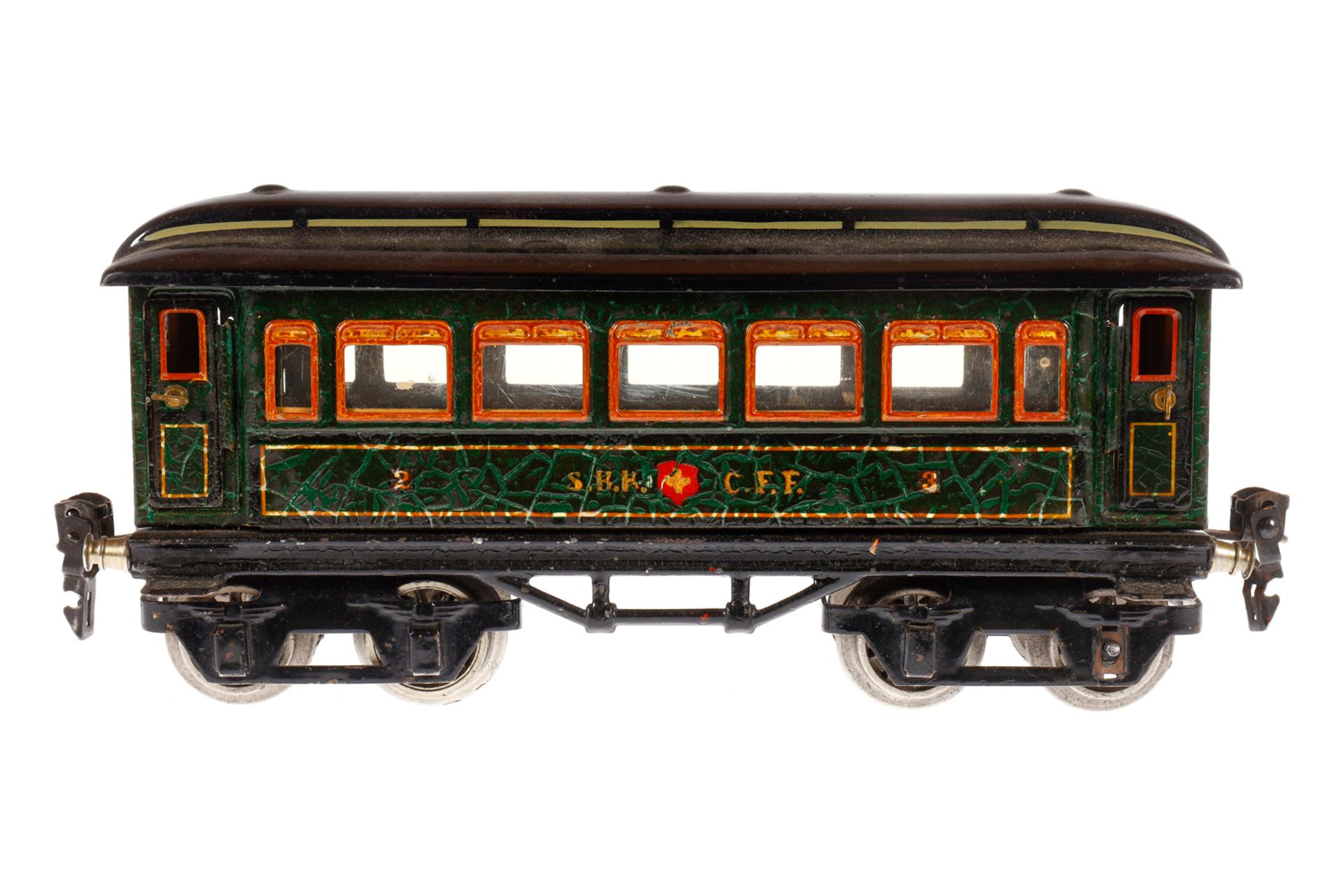 Märklin schweizer Personenwagen 1886, Spur 0, CL, mit 4 AT und Gussrädern, LS und stark gealterter