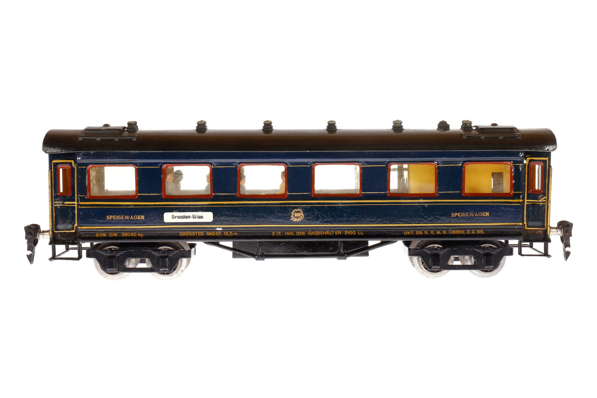 Märklin int. Speisewagen 1946 JG, Spur 0, HL, mit Inneneinrichtung, 4 AT, Gussrädern und