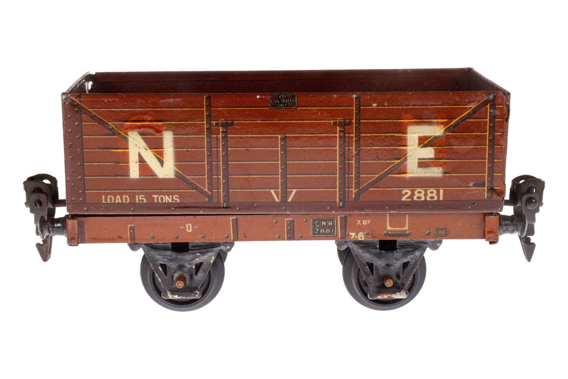 Märklin engl. Hochbordwagen 2881 NE, Spur 0, CL, LS tw ausgeb., gealterter Lack, L 15, Z 3