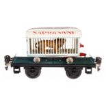 Märklin Plattformwagen 1983, Spur 0, HL, mit Sarrasani Tierwagen und Löwe (geklebt und