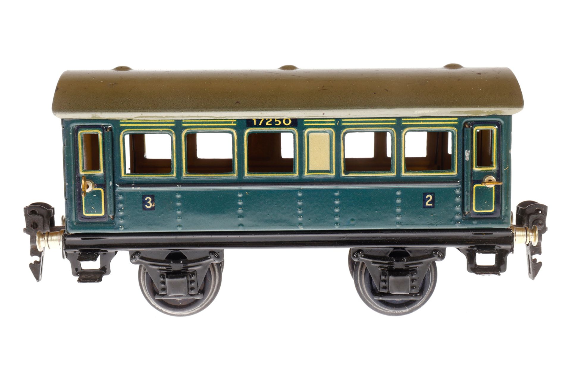 Märklin Personenwagen 1725, Spur 0, blau, mit 4 AT, LS und gealterter Lack, L 16,5, sonst noch Z 2