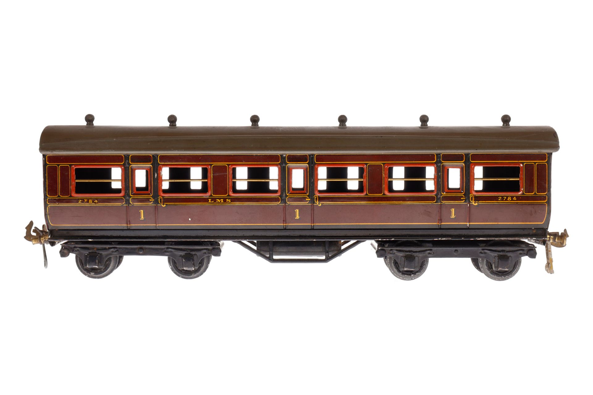 Basset-Lowke Abteilwagen 2784 LMS, Spur 0, rotbraun, 2 Puffer besch., LS und Alterungsspuren, L