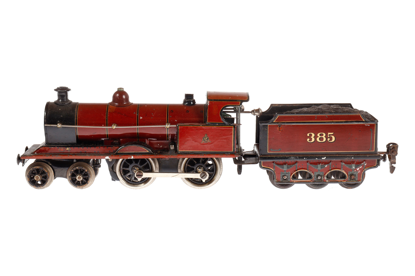 Märklin engl. 2-B Dampflok ”385” E 1030 MR, Spur 0, Uhrwerk intakt, rotbraun/schwarz, mit Tender,