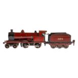 Märklin engl. 2-B Dampflok ”385” E 1030 MR, Spur 0, Uhrwerk intakt, rotbraun/schwarz, mit Tender,