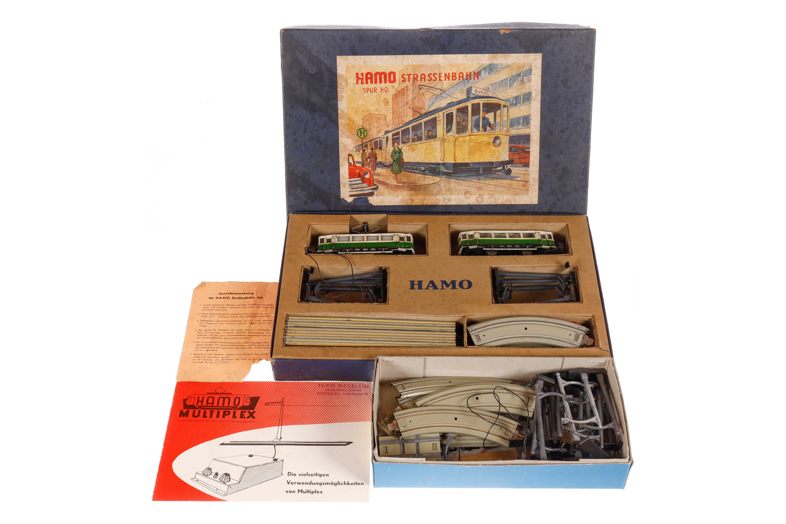 Hamo Straßenbahn-Zugpackung 100, Spur H0, weiß/grün, 1. Serie, mit Motorwagen, Anhänger,