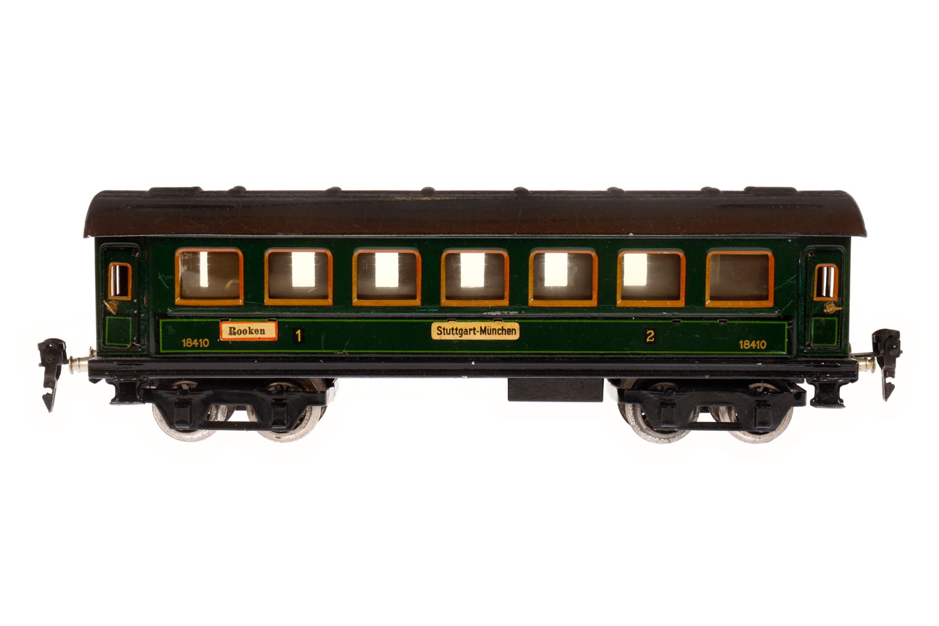 Märklin Personenwagen 1841 G, Spur 0, CL, mit Inneneinrichtung, 4 AT, Schildern (1 fehlt) und