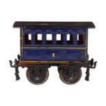 Märklin Personenwagen 1805, Spur 1, uralt, blau, HL, Kupplungen ersetzt, Schwarzbereiche rest., LS