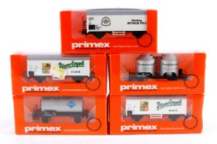 5 Primex Wagen 4551, 2x 4553, 4580 und 4597, Spur H0, Alterungsspuren, je im tw besch. OK, meist Z