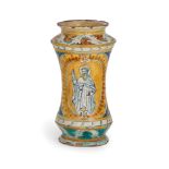 ALBARELLO IN MAIOLICA POLICROMA, PROBABILMENTE FORNACE LO BUE, SCIACCA, METÀ DEL XVII SECOLO