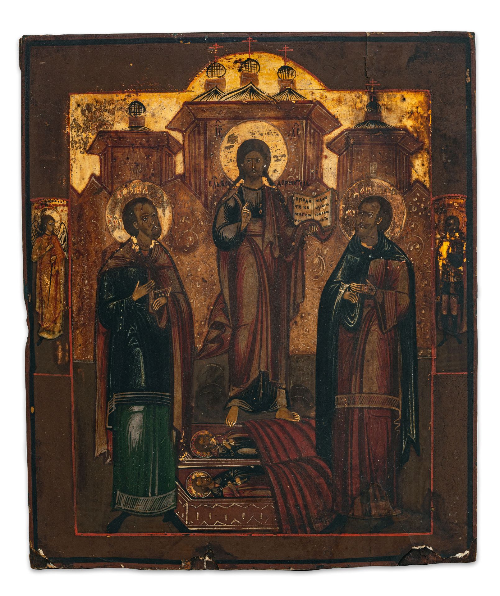 ICONA RAFFIGURANTE CRISTO CON I SANTI COSMA E DAMIANO, RUSSIA, XIX SECOLO