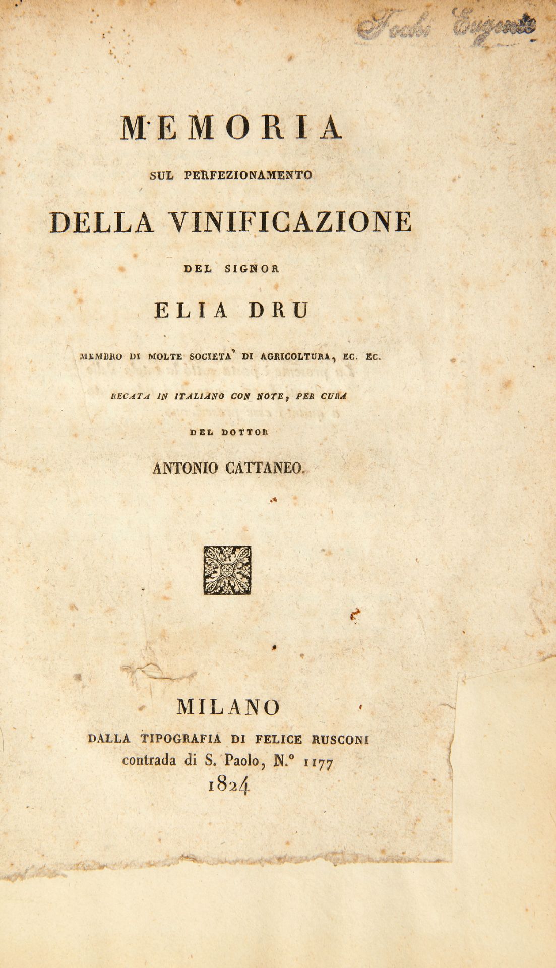 [ENOLOGY] DANDOLO, Vincenzo (1758-1819). Istruzioni pratiche sul modo di ben fare e conservare il - Image 3 of 4