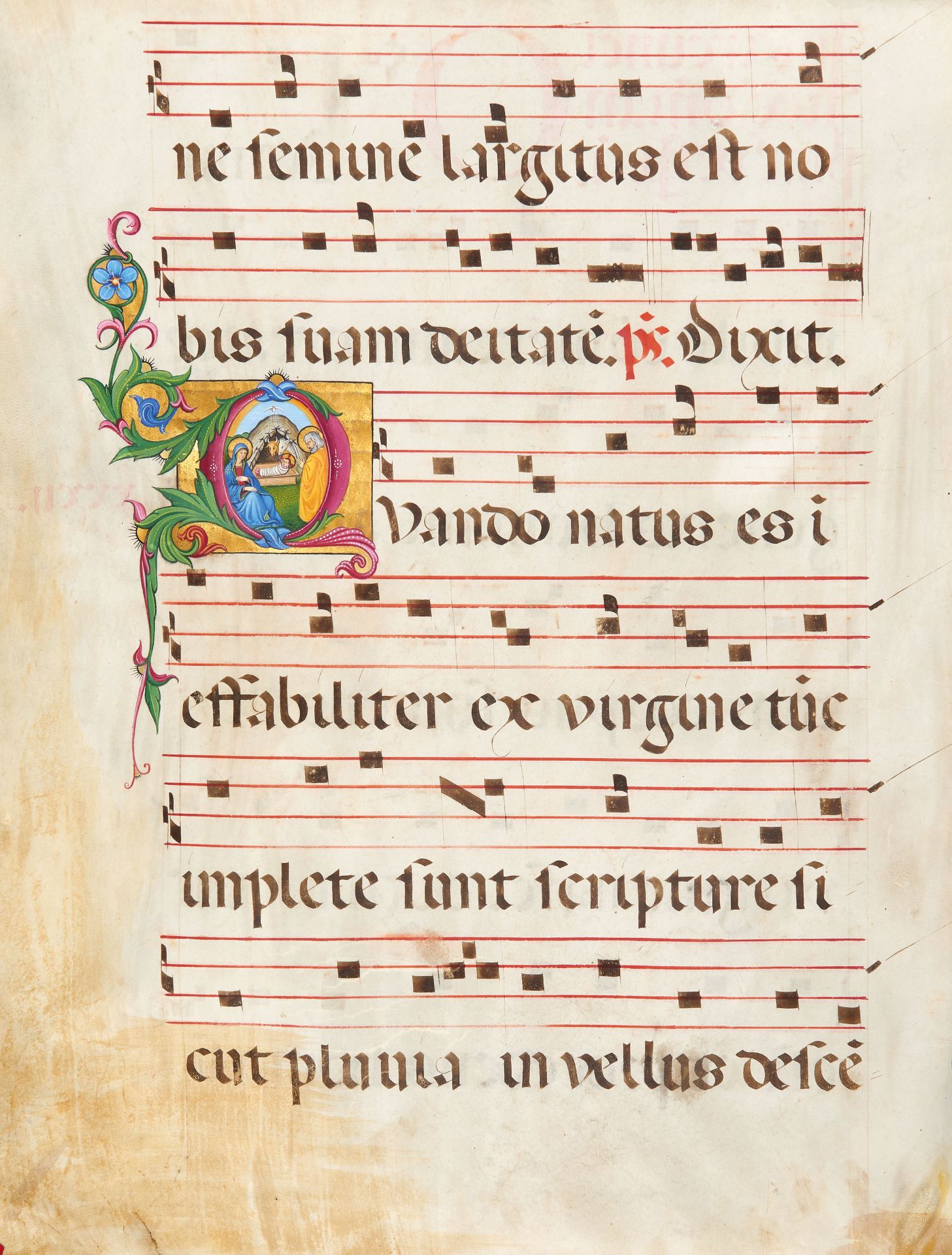 [MANUSCRIPTS]. Miniature with nativity on parchment antiphonary leaf. [: , 16th century].