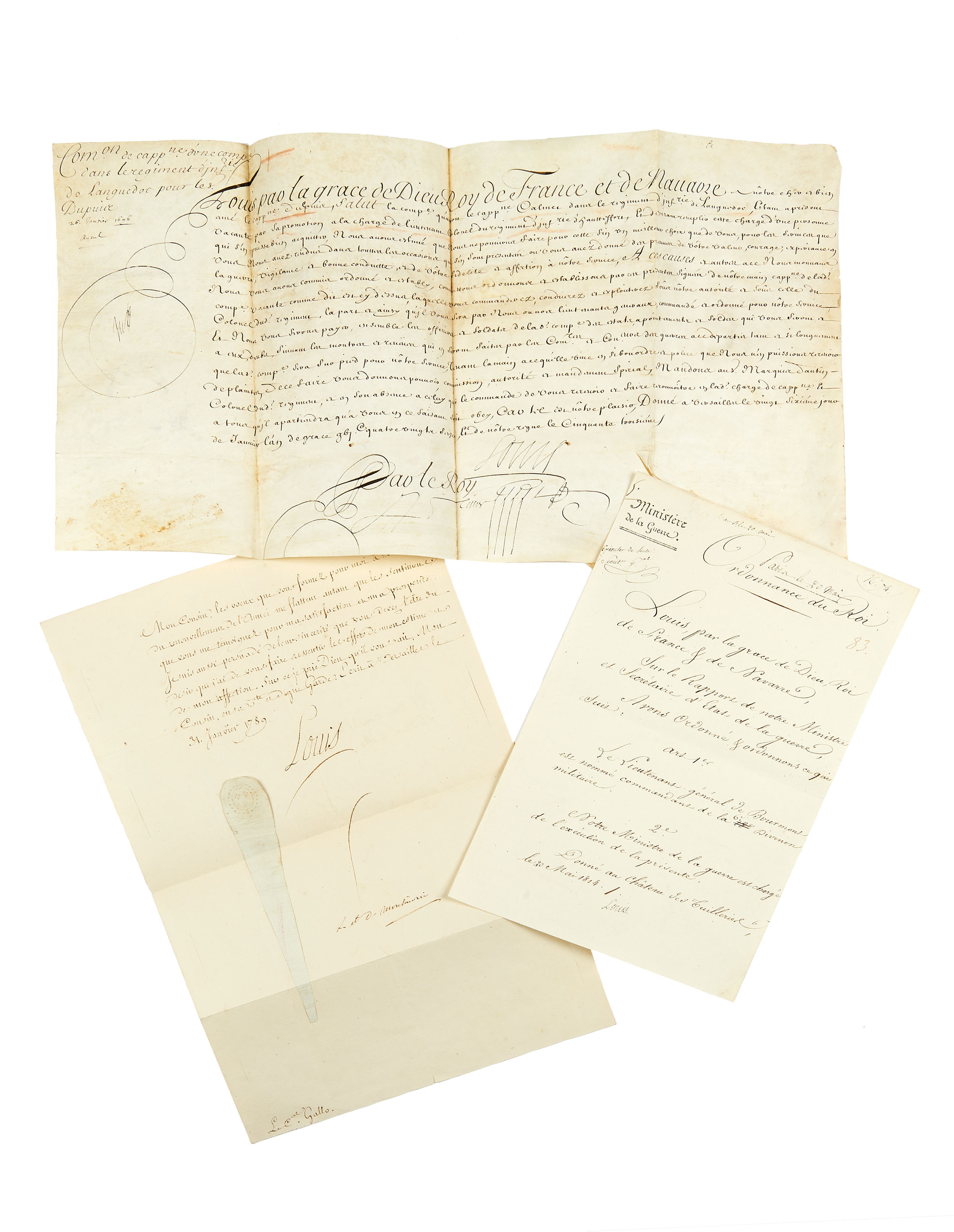 [ROYALS OF FRANCE] . Letter of promotion signed 'Louis'. Paris: 26 January, 1696.