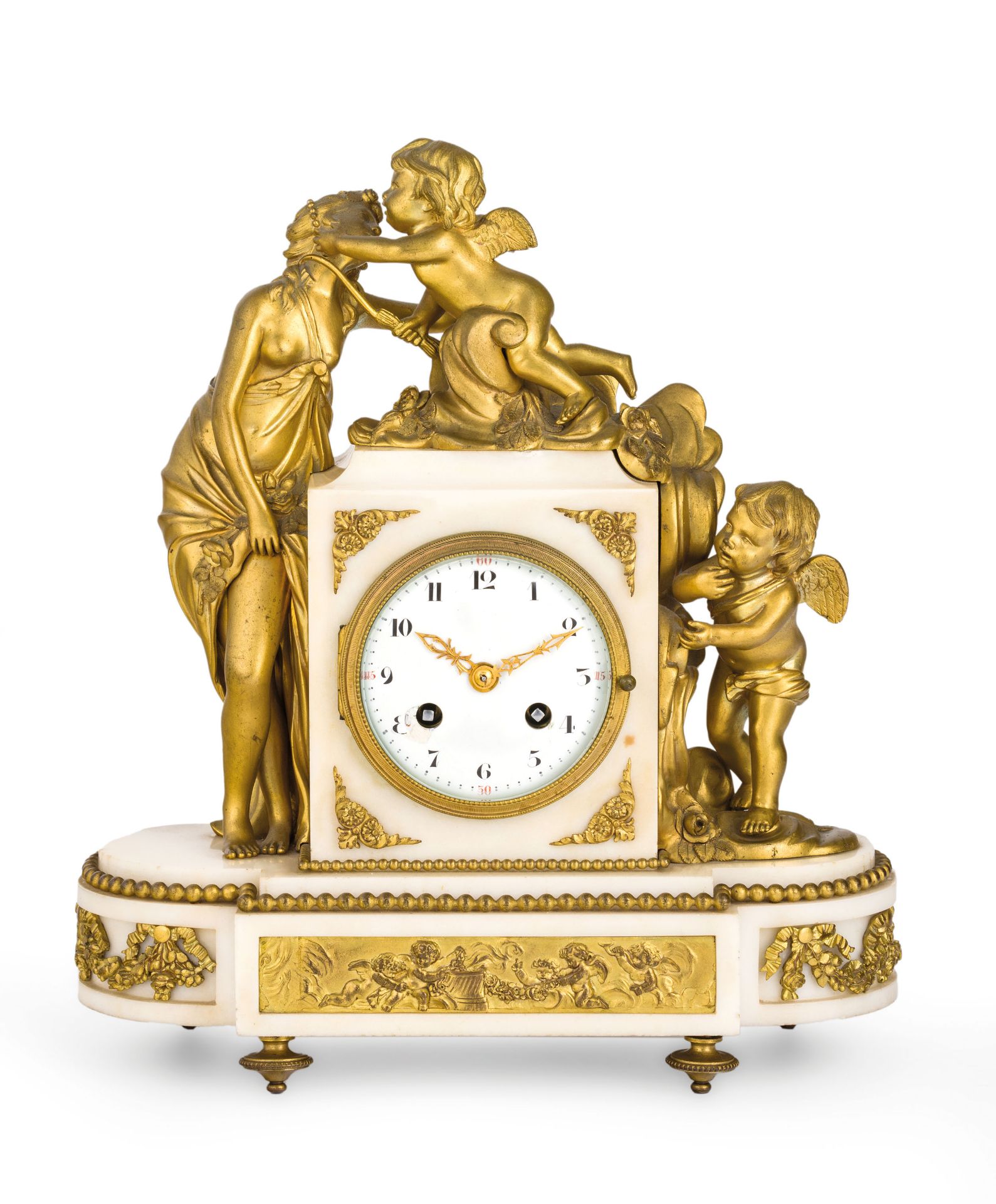 OROLOGIO A PENDOLO D'APPOGGIO IN MARMO BIANCO ED ELEMENTI IN BRONZO DORATO, L'AMOUR ET L'AMITIE'