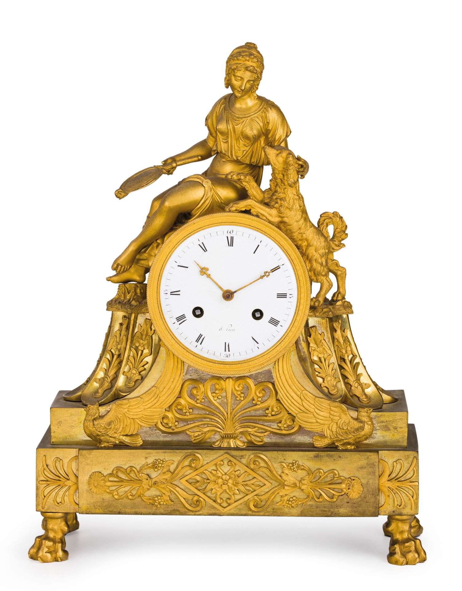 OROLOGIO A PENDOLO D'APPOGGIO IN BRONZO DORATO ALLEGORIA DELLA FEDELTA', FRANCIA, 1800 CIRCA