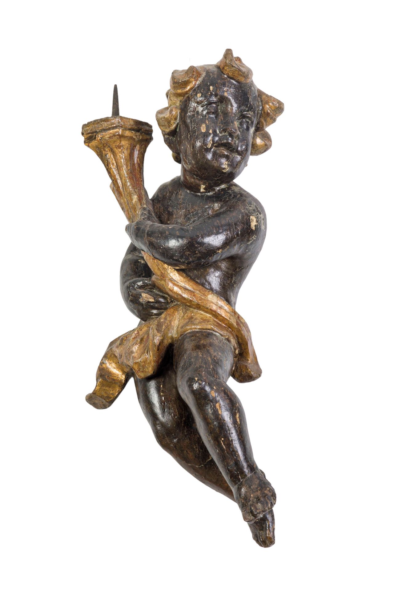 COPPIA DI SCULTURE IN LEGNO LACCATO E DORATO, XVII-XVIII SECOLO