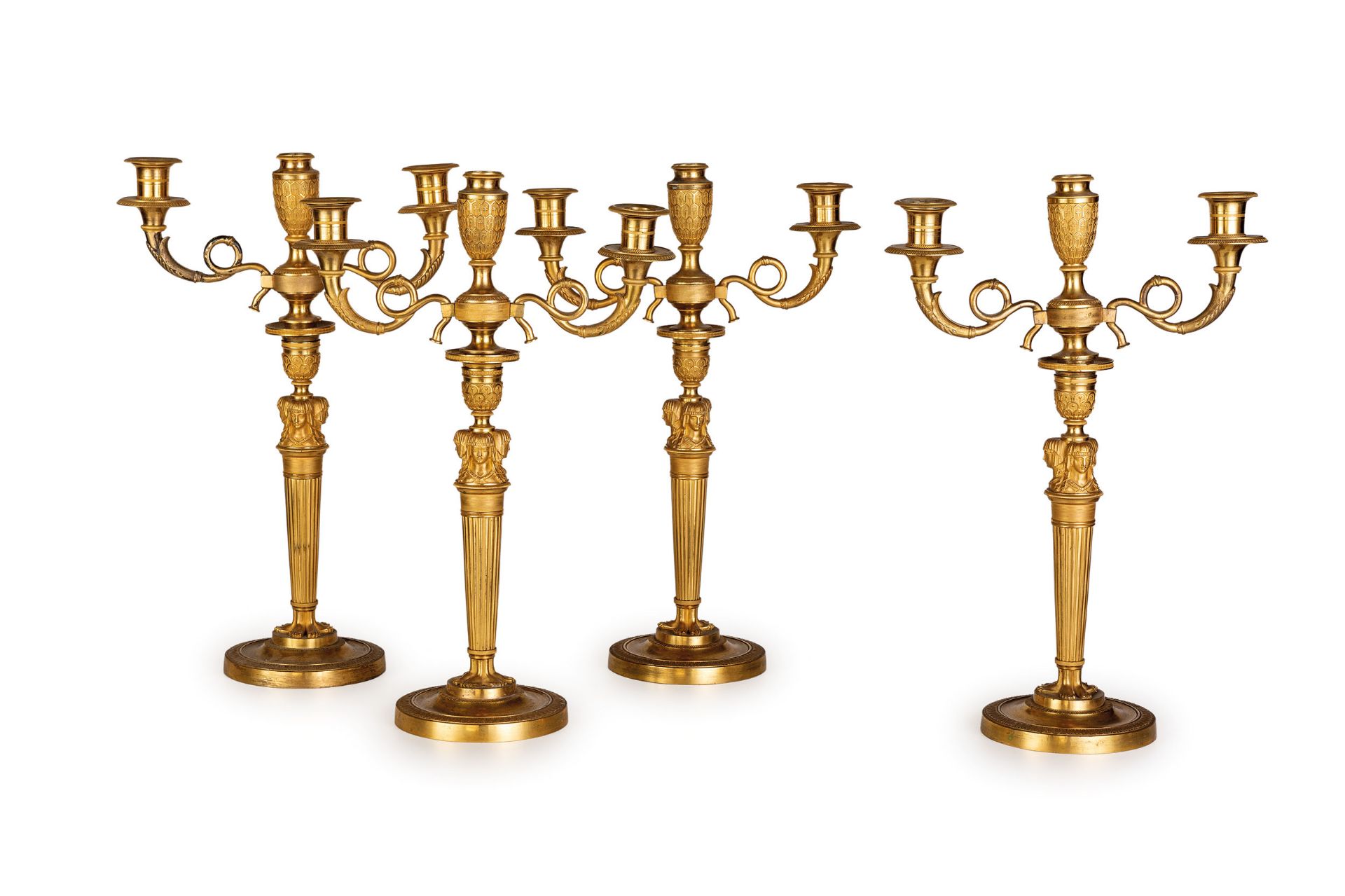 QUATTRO CANDELABRI IN BRONZO DORATO, XIX-XX SECOLO