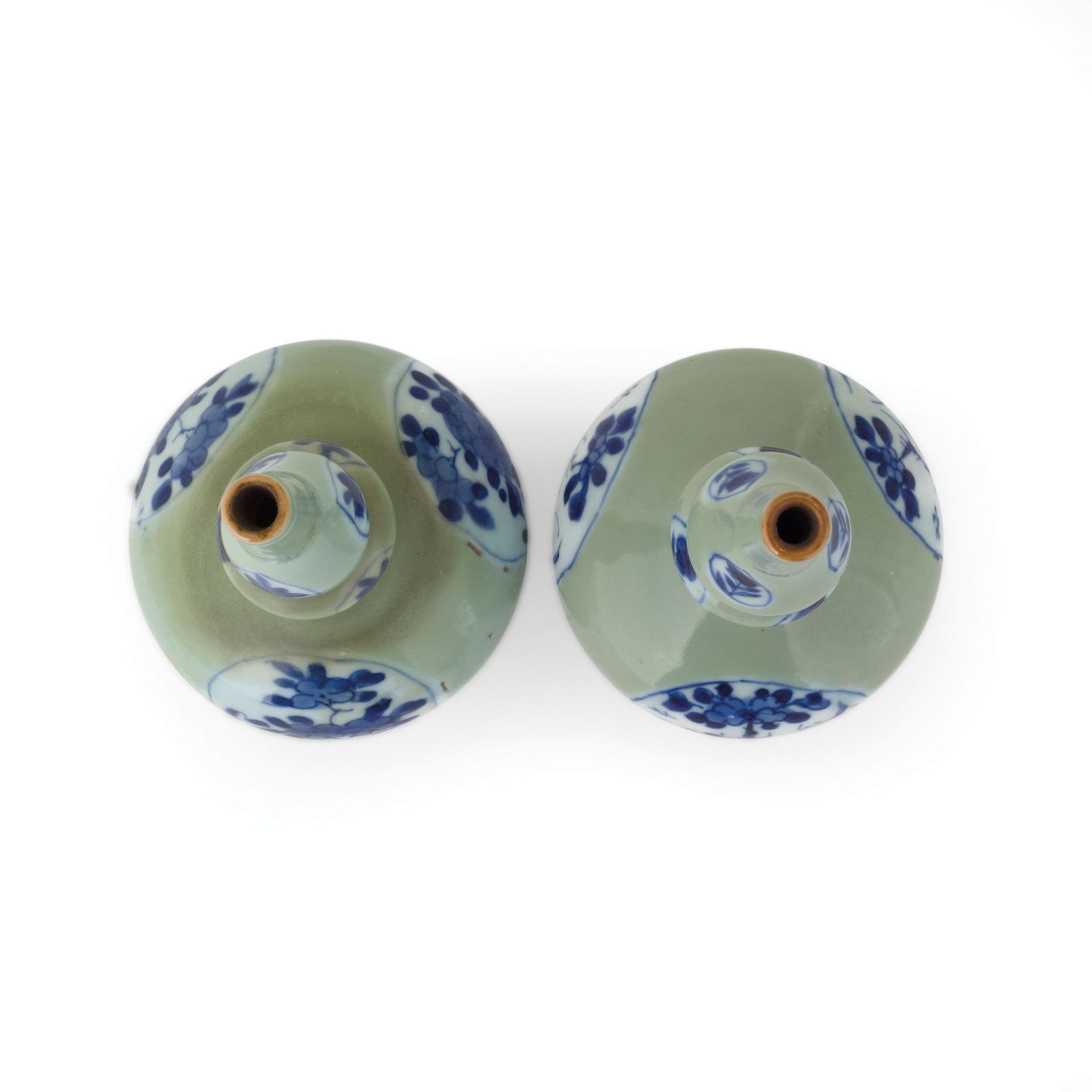 COPPIA DI PICCOLI VASI IN PORCELLANA CELADON E BIANCO E BLU, CINA, EPOCA KANGXI (1662-1722) - Image 5 of 6