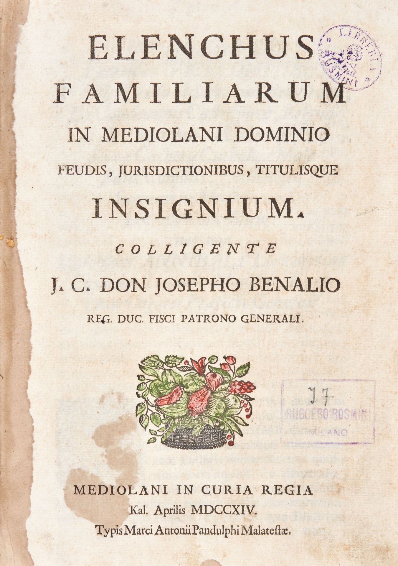 [MILAN] BENAGLIO, Joseph (1668-1735). Elenchus familiarum in Mediolani dominio feudis, - Image 2 of 2