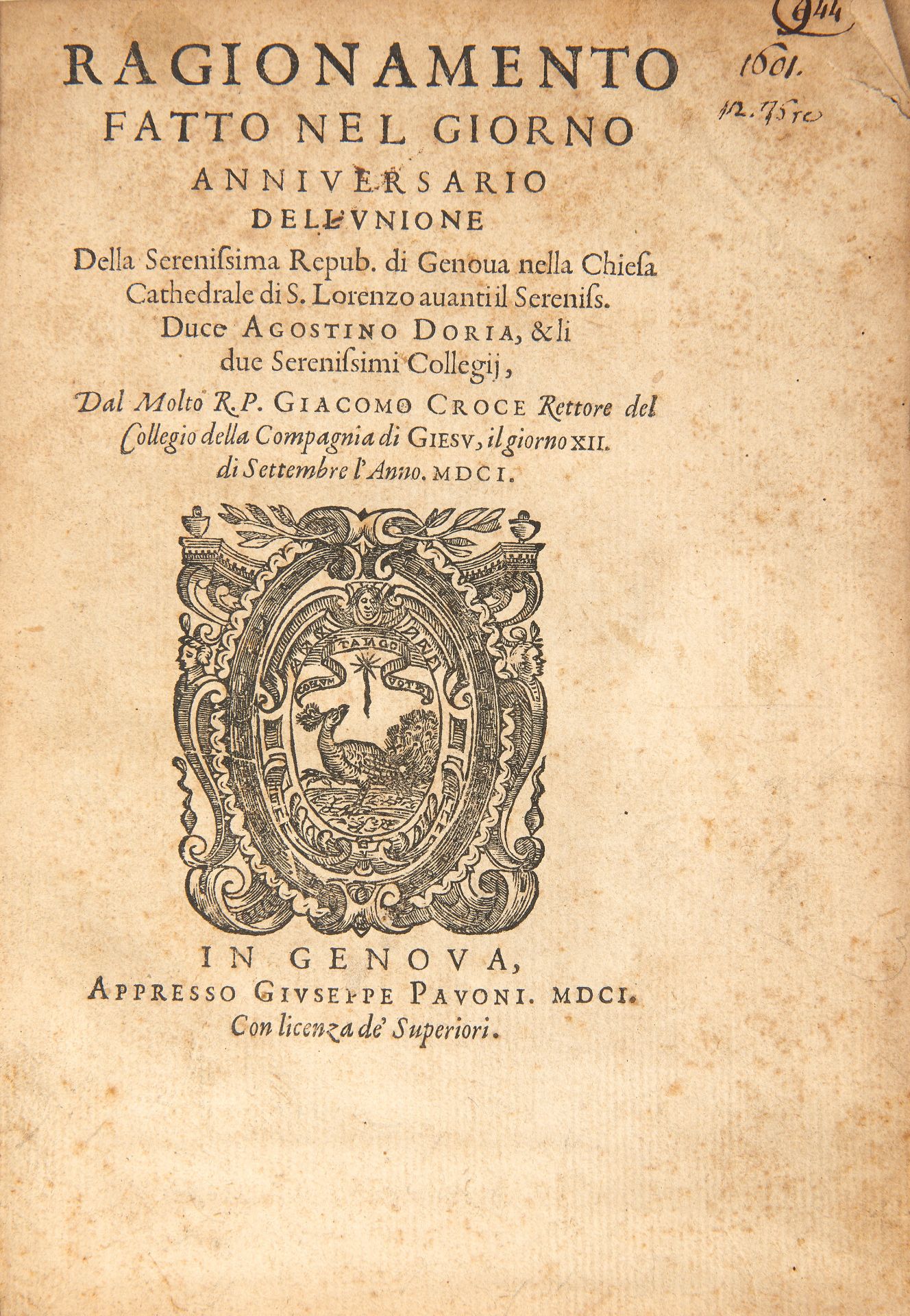 [GENOA] BRIGNOLE SALE, Anton Giulio (1605-1662). Nella coronatione del Ser.mo Gio. Stefano Doria - Image 2 of 3