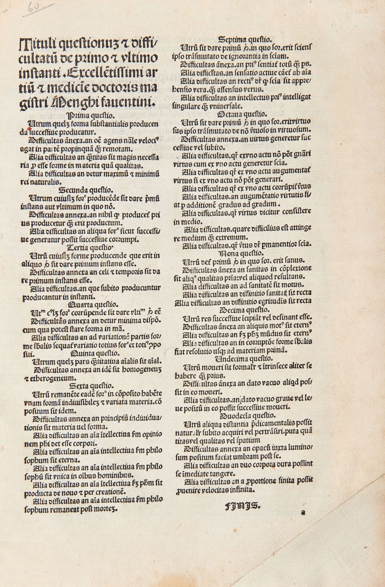 BIANCHELLI, Domenico (1440-1520). Tituli questionum & difficultatum de primo & vltimo instanti.