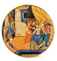 PIATTO IN MAIOLICA POLICROMA, PROBABILMENTE FORNACE DI URBINO, LUSTRATO A URBINO O A GUBBIO, 1535