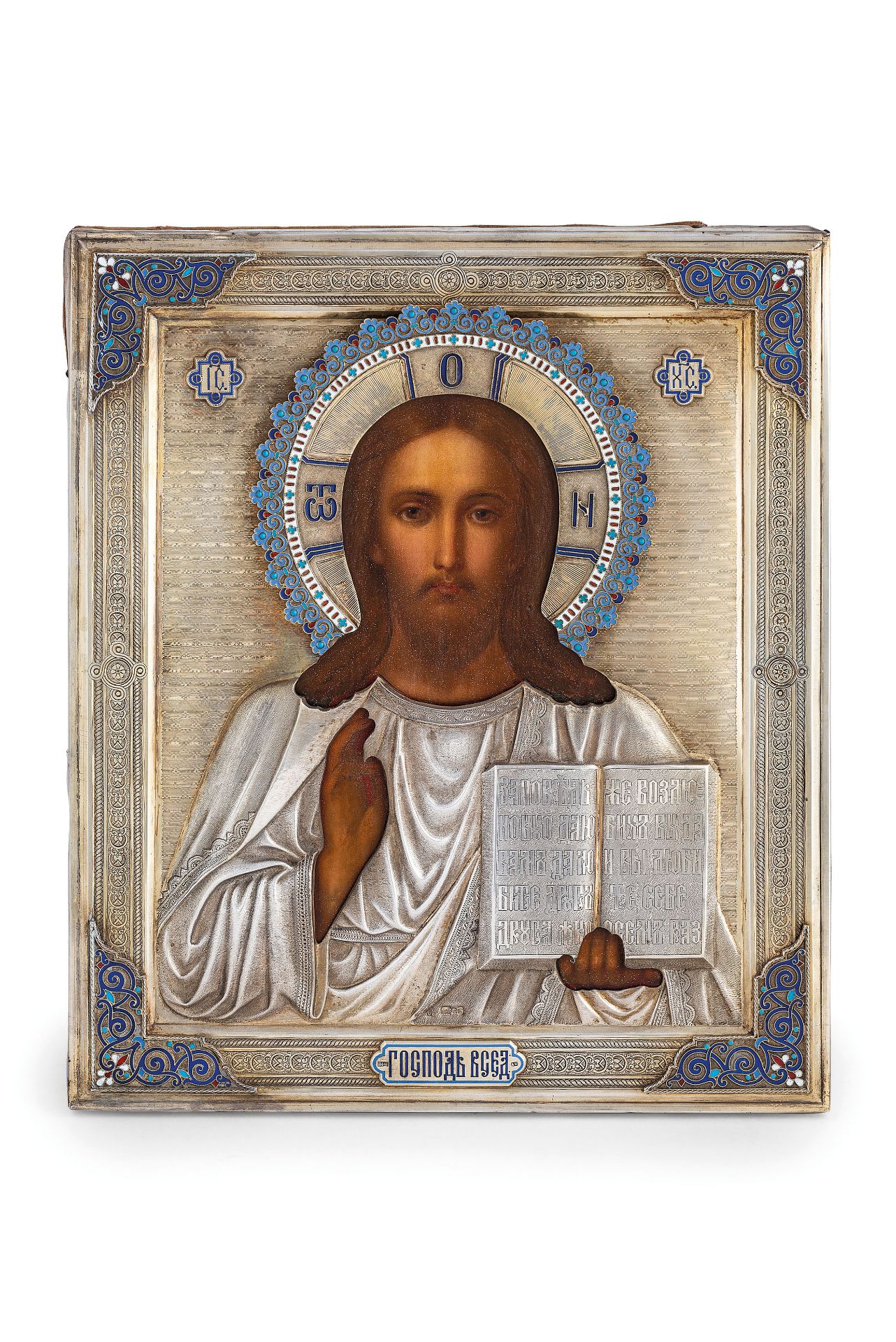 ICONA RAFFIGURANTE CRISTO CON RIZA IN ARGENTO E SMALTI, MOSCA, 1890, ORAFO A. KUZMICHOV