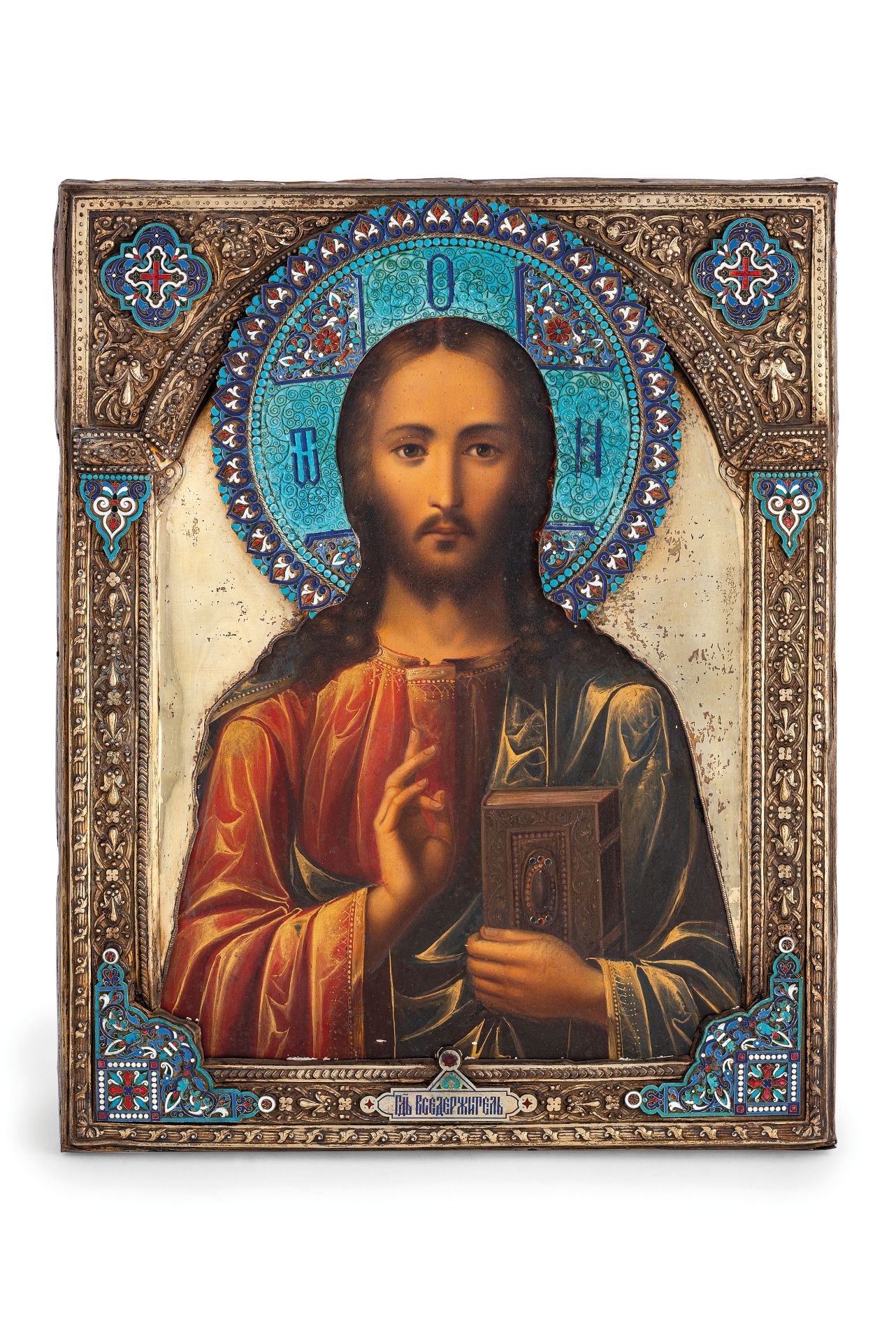 ICONA RAFFIGURANTE CRISTO CON RIZA IN ARGENTO DORATO E SMALTI, MOSCA, 1896, ORAFO Y. BORISOV,