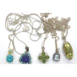 Five stone set 925 silver pendant necklaces, longest chain L: 62 cm. P&P Group 1 (£14+VAT for the