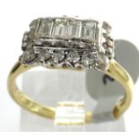 18ct gold diamond cluster ring with four central emerald cut diamonds, approximately 0.50ct, fully