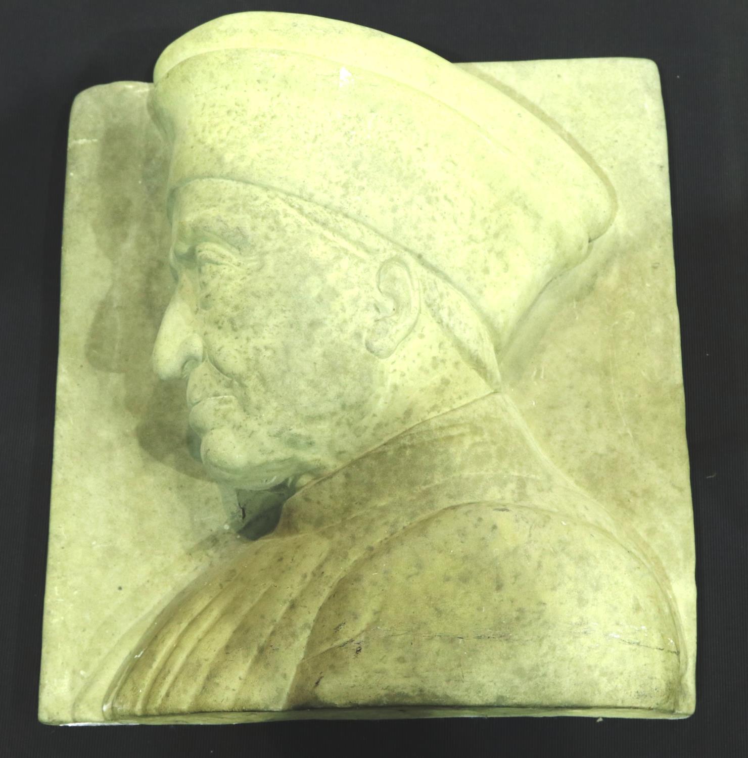 A large early carved stone relief of a religious figure, side profile, overall 37 x 35 cm. P&P Group - Image 6 of 7