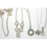 Five 925 silver necklaces, mainly stone set pendant examples, longest chain L: 54 cm. P&P Group