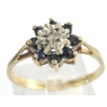 9ct gold flower ring set with sapphires and diamonds, size O, 1.6g. P&P Group 1 (£14+VAT for the