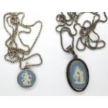 Two boxed Wedgwood pendant necklaces with hallmarked silver mounts on 925 chains, largest chain L: