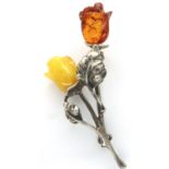 Boxed 925 silver and amber rose brooch, L: 60 mm. P&P Group 1 (£14+VAT for the first lot and £1+