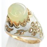 Presumed 18ct and white enamel ring set with large opal and diamonds, size M/O, 7.0g. P&P Group