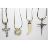 Four 925 silver pendant necklaces including two with cross pendants, longest chain L: 60 cm. P&P