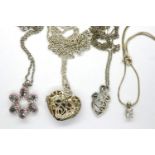 Four 925 silver pendant necklaces including a locket, largest chain L: 64 cm. P&P Group 1 (£14+VAT