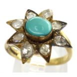 18ct gold, turquoise and rose cut diamond ring, size N/O, 5.0g. P&P Group 1 (£14+VAT for the first