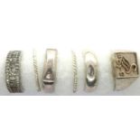 Six 925 silver rings including a S.C.F.C signet ring, sizes P-Y. P&P Group 1 (£14+VAT for the