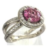 Palladium, pink sapphire and diamond set ring, size I/J, 5.2g. P&P Group 1 (£14+VAT for the first